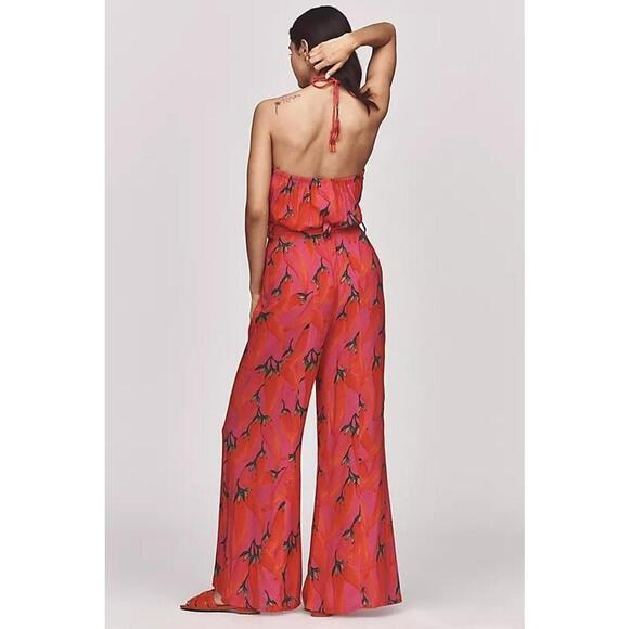 Farm Rio Halter Neck Flowy Wide Leg One Piece Jumpsuit Women's Size M Red - Picture 2 of 4